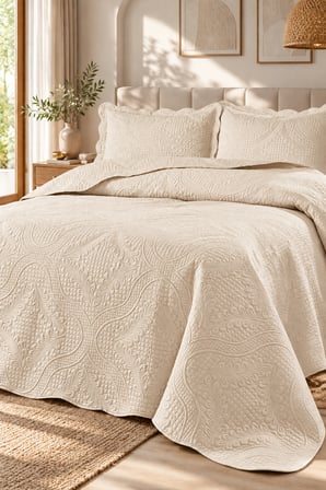 Bella Home Nara Nakışlı Çift Kişilik Yatak Örtüsü Seti | %100 Pamuk | 250x260 cm | Şık ve Zarif Tasarım