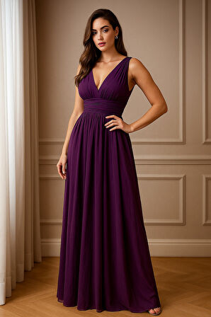 Kruvaze yaka Drapeli Belden Oturan Tül Abiye Elbise