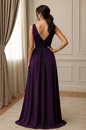 Kruvaze yaka Drapeli Belden Oturan Tül Abiye Elbise