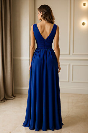 Kruvaze yaka Drapeli Belden Oturan Tül Abiye Elbise