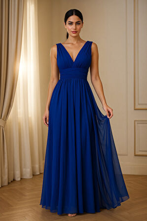 Kruvaze yaka Drapeli Belden Oturan Tül Abiye Elbise