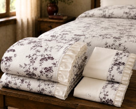 VERA VINTAGE MÜRDÜM BOTANİK DESENLİ FIRFIRLI PİKE TAKIMI – TEK, ÇİFT VE BATTAL BOY