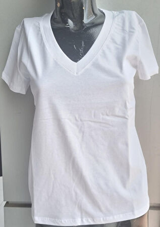 Kadın T-shirt V Yaka Kısa Kollu