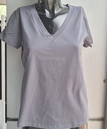 Kadın T-shirt V Yaka Kısa Kollu
