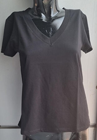 Kadın T-shirt V Yaka Kısa Kollu