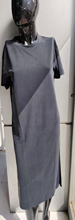 Kadın Elbise Salaş Yırtmaç Detaylı Kısa Kollu Maxi