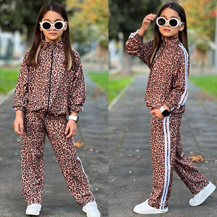 Kız Çoçuk Leopar Desenli Fermuarlı Eşofman Takım - 4/14 Yaş - 31577