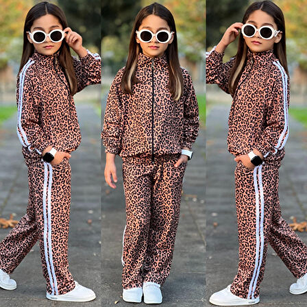 Kız Çoçuk Leopar Desenli Fermuarlı Eşofman Takım - 4/14 Yaş - 31577