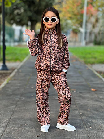Kız Çoçuk Leopar Desenli Fermuarlı Eşofman Takım - 4/14 Yaş - 31577