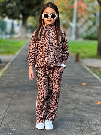 Kız Çoçuk Leopar Desenli Fermuarlı Eşofman Takım - 4/14 Yaş - 31577