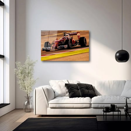 Kırmızı Ferrari F1 Yarış Arabası Cam Tablo – Pist Manzaralı Yatay Duvar Dekoru 35x50 cm