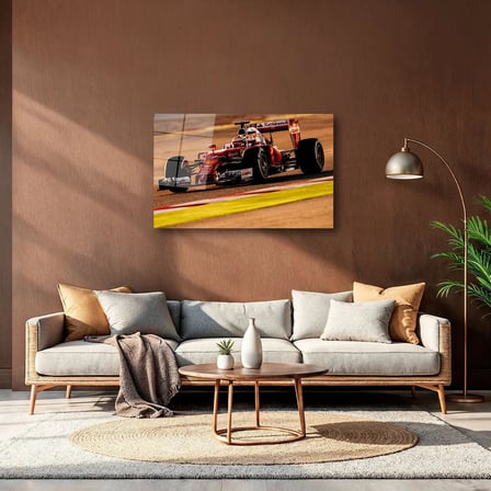 Kırmızı Ferrari F1 Yarış Arabası Cam Tablo – Pist Manzaralı Yatay Duvar Dekoru 35x50 cm