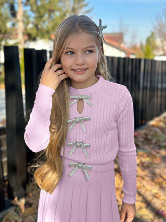 Yeni Sezon Kız Çocuk Triko Takım - 3 PARÇA – Etek + Triko Üst + Aksesuar Fiyonk Detaylı - 3/12 Yaş - 31580