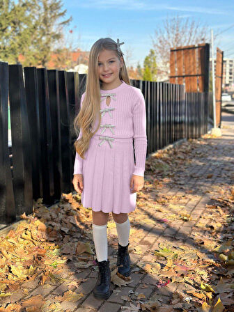 Yeni Sezon Kız Çocuk Triko Takım - 3 PARÇA – Etek + Triko Üst + Aksesuar Fiyonk Detaylı - 3/12 Yaş - 31580