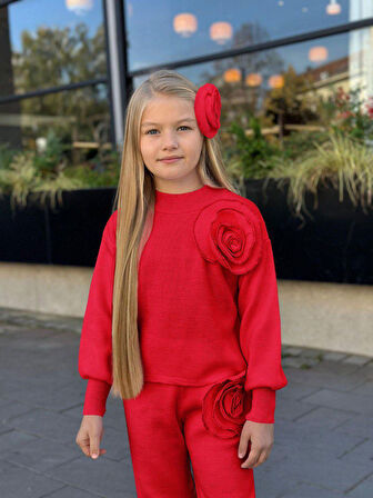 Gül Detaylı Kız Çocuk Triko Takım - 3 PARÇA – Üst + Pantolon + Saç Aksesuarı - 3/12 Yaş - 31581