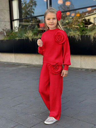 Gül Detaylı Kız Çocuk Triko Takım - 3 PARÇA – Üst + Pantolon + Saç Aksesuarı - 3/12 Yaş - 31581