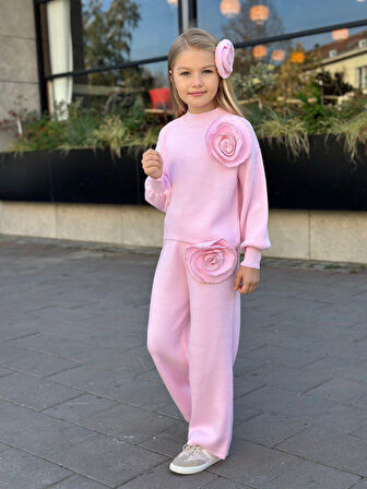 Gül Detaylı Kız Çocuk Triko Takım - 3 PARÇA – Üst + Pantolon + Saç Aksesuarı - 3/12 Yaş - 31581