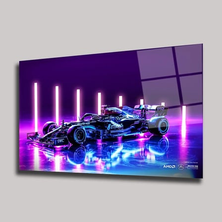 Mercedes AMG F1 Yarış Arabası Cam Tablo – Neon Işıklı Dekor 35x50 cm