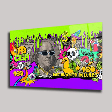 Graffiti Sanatı Benjamin Franklin ve 100 Dolar Cam Tablo 35x50 cm