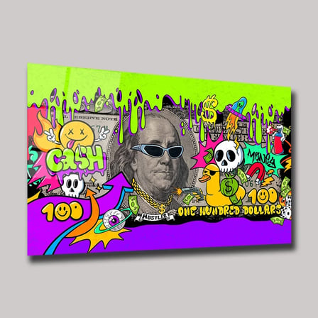 Graffiti Sanatı Benjamin Franklin ve 100 Dolar Cam Tablo 35x50 cm