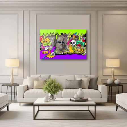 Graffiti Sanatı Benjamin Franklin ve 100 Dolar Cam Tablo 35x50 cm
