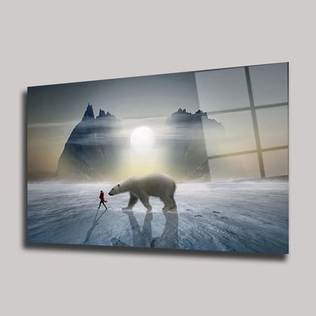 Sürreal Kutup Ayısı ve İnsan Figürü Cam Tablo 80x125 cm