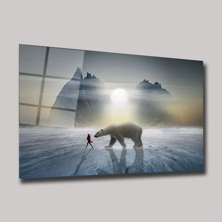 Sürreal Kutup Ayısı ve İnsan Figürü Cam Tablo 80x125 cm