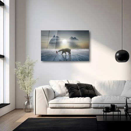 Sürreal Kutup Ayısı ve İnsan Figürü Cam Tablo 80x125 cm