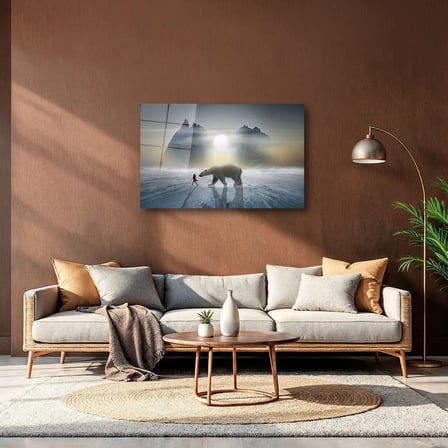 Sürreal Kutup Ayısı ve İnsan Figürü Cam Tablo 80x125 cm