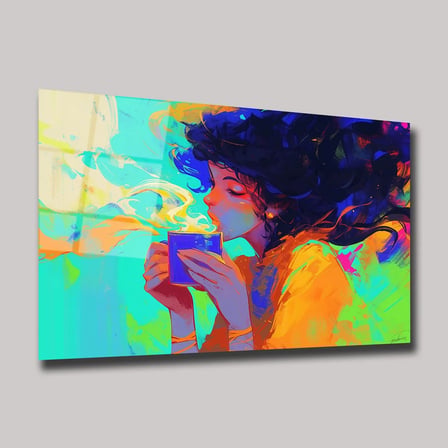 Renkli Kadın Portresi ve Kahve Keyfi Cam Tablo 35x50 cm