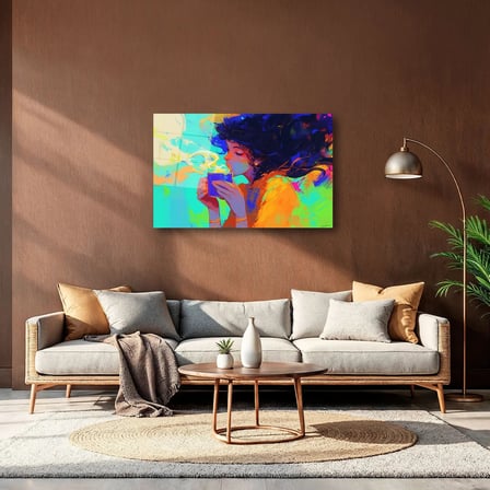 Renkli Kadın Portresi ve Kahve Keyfi Cam Tablo 35x50 cm