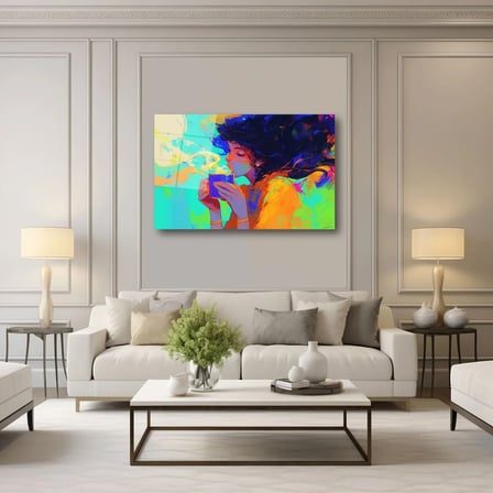 Renkli Kadın Portresi ve Kahve Keyfi Cam Tablo 35x50 cm