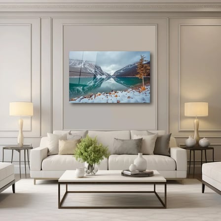 Karlı Dağlar ve Turkuaz Göl Cam Tablo – Kış Manzaralı Yatay Duvar Dekoru 35x50 cm