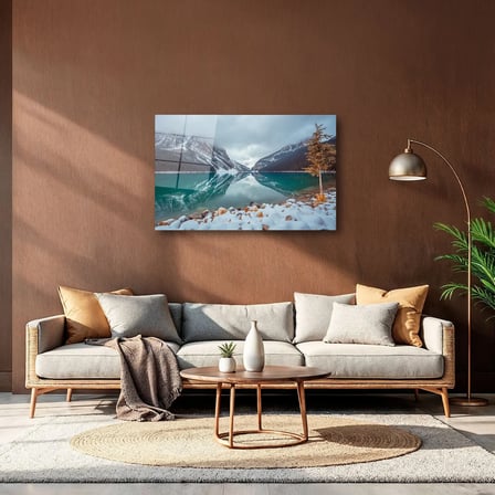 Karlı Dağlar ve Turkuaz Göl Cam Tablo – Kış Manzaralı Yatay Duvar Dekoru 35x50 cm