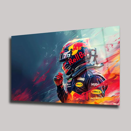 Red Bull F1 Yarış Pilotu ve Renkli Kask Cam Tablo – Yatay Motorsport Duvar Dekoru 35x50 cm