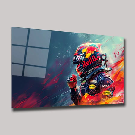 Red Bull F1 Yarış Pilotu ve Renkli Kask Cam Tablo – Yatay Motorsport Duvar Dekoru 35x50 cm
