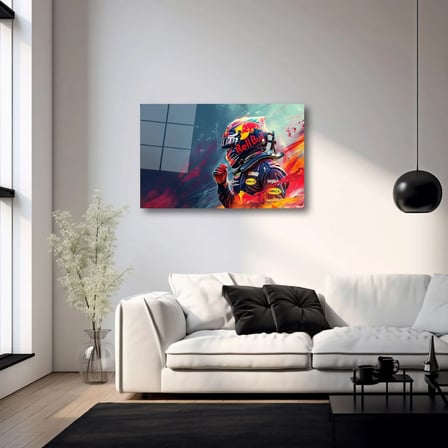 Red Bull F1 Yarış Pilotu ve Renkli Kask Cam Tablo – Yatay Motorsport Duvar Dekoru 35x50 cm