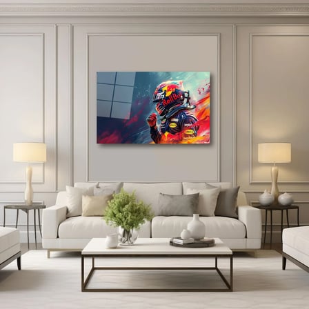 Red Bull F1 Yarış Pilotu ve Renkli Kask Cam Tablo – Yatay Motorsport Duvar Dekoru 35x50 cm