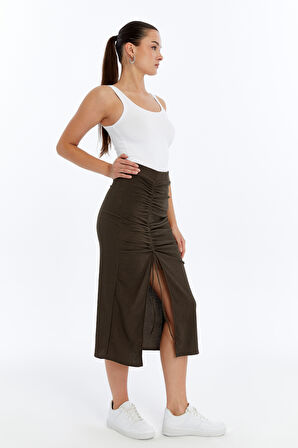 Kadın Etek Ayarlanabilir Büzgülü Yırtmaçlı Maxi Boy