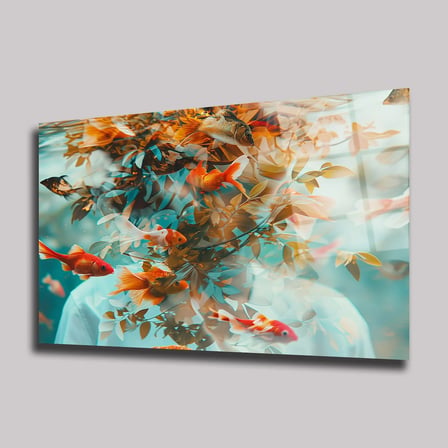 Sürreal İnsan Silüeti ve Japon Balıkları Cam Tablo 80x125 cm