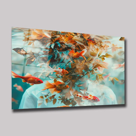 Sürreal İnsan Silüeti ve Japon Balıkları Cam Tablo 80x125 cm
