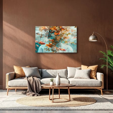 Sürreal İnsan Silüeti ve Japon Balıkları Cam Tablo 80x125 cm
