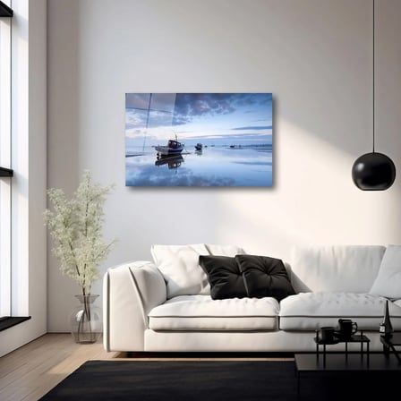 Medcezir Manzarası ve Tekneler Cam Tablo 35x50 cm