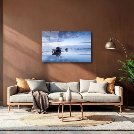 Medcezir Manzarası ve Tekneler Cam Tablo 35x50 cm
