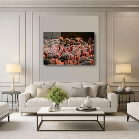 Pembe Flamingo Sürüsü ve Gün Batımı Cam Tablo 35x50 cm
