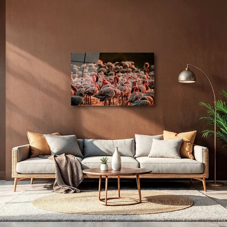 Pembe Flamingo Sürüsü ve Gün Batımı Cam Tablo 35x50 cm