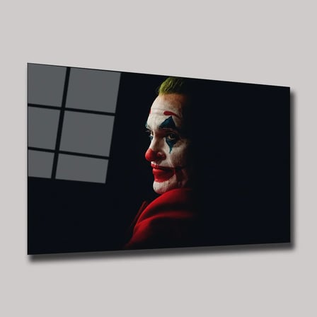 Joker Joaquin Phoenix Portresi Cam Tablo – Dramatik Yüz Makyajı Yatay Duvar Dekoru 35x50 cm