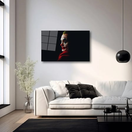 Joker Joaquin Phoenix Portresi Cam Tablo – Dramatik Yüz Makyajı Yatay Duvar Dekoru 35x50 cm