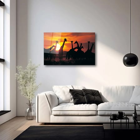 Afrika Gün Batımı ve Zürafa Sürüsü Cam Tablo 35x50 cm