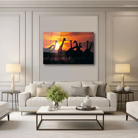 Afrika Gün Batımı ve Zürafa Sürüsü Cam Tablo 35x50 cm